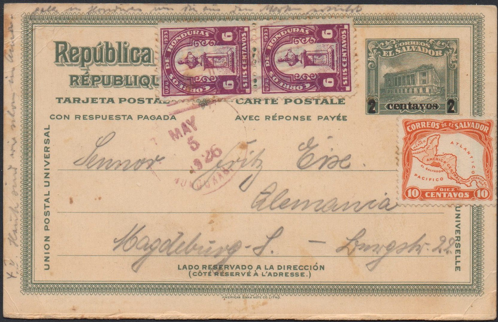 sellos timbres-poste Briefmarken stamps El Salvador 1923 '2 centavos 2' surcharge on Postal Stationery Card Ganzsache Entier Postal Tram Trolley Tranvia National Theatre teatro nacional, sent from Honduras Republic!